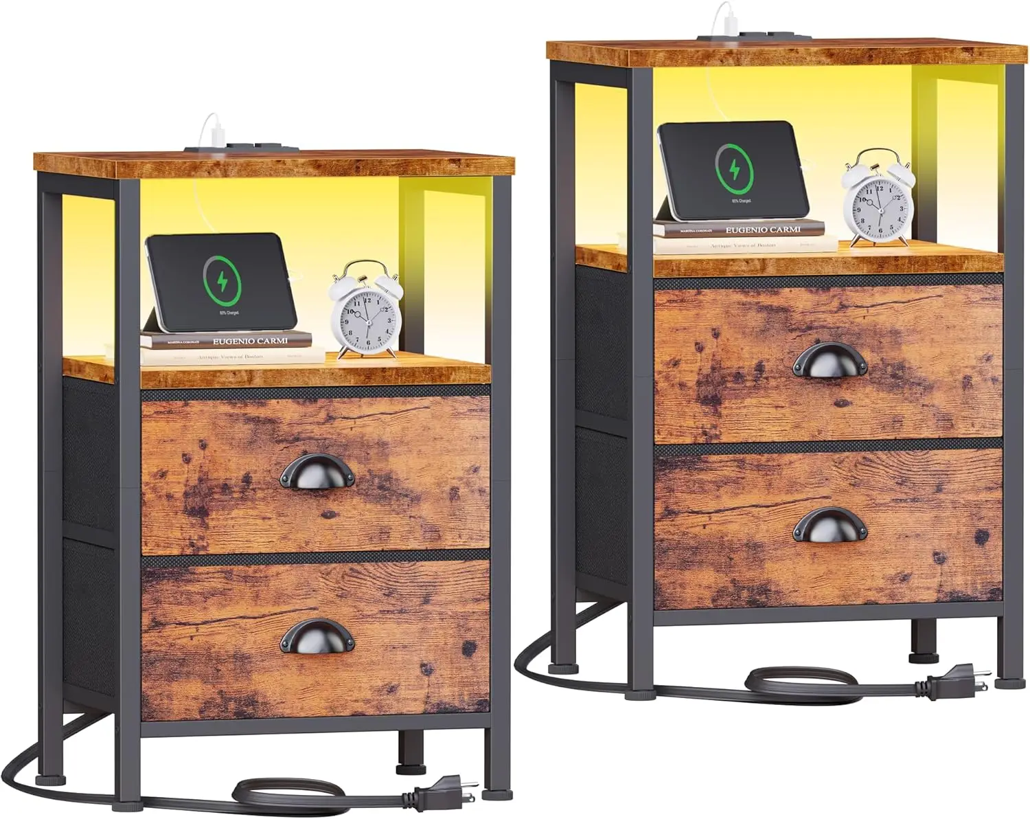 

Set of 2 Nightstands with LED Lights, Charging Station, 2 Drawers & Shelves, Rustic Brown