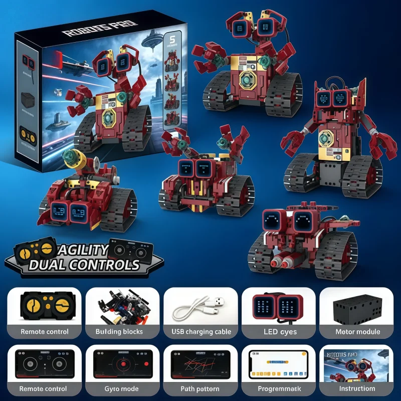 

5-in-1 STEM Robot Building Kit, Remote & APP Controlled Coding Robot Toys with LED Eyes, DIY Educational Science Building Blocks
