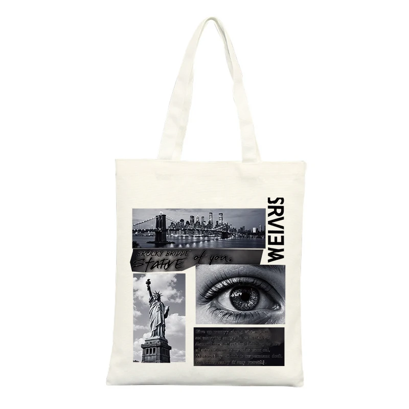 City Skyline and Eye Graphic Canvas Tote Bag, Urban Style for Casual Shopping and Daily Use