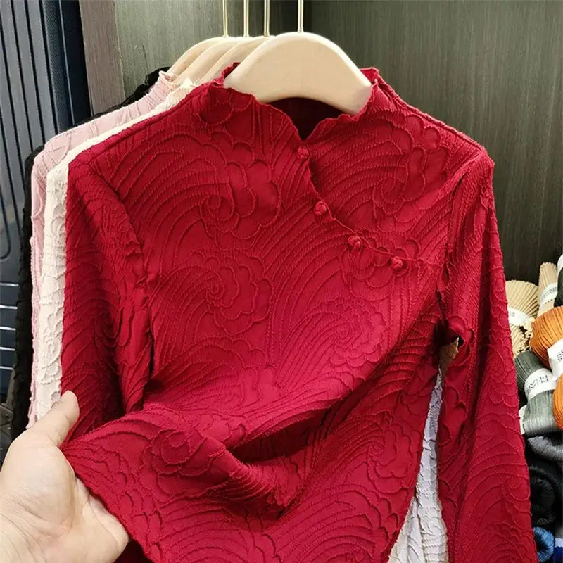 New Chinese Style Red Tops Blouses Fashion French Design Women Solid Bright Button Stand Collar Elegant Retro Vintage T-Shirts