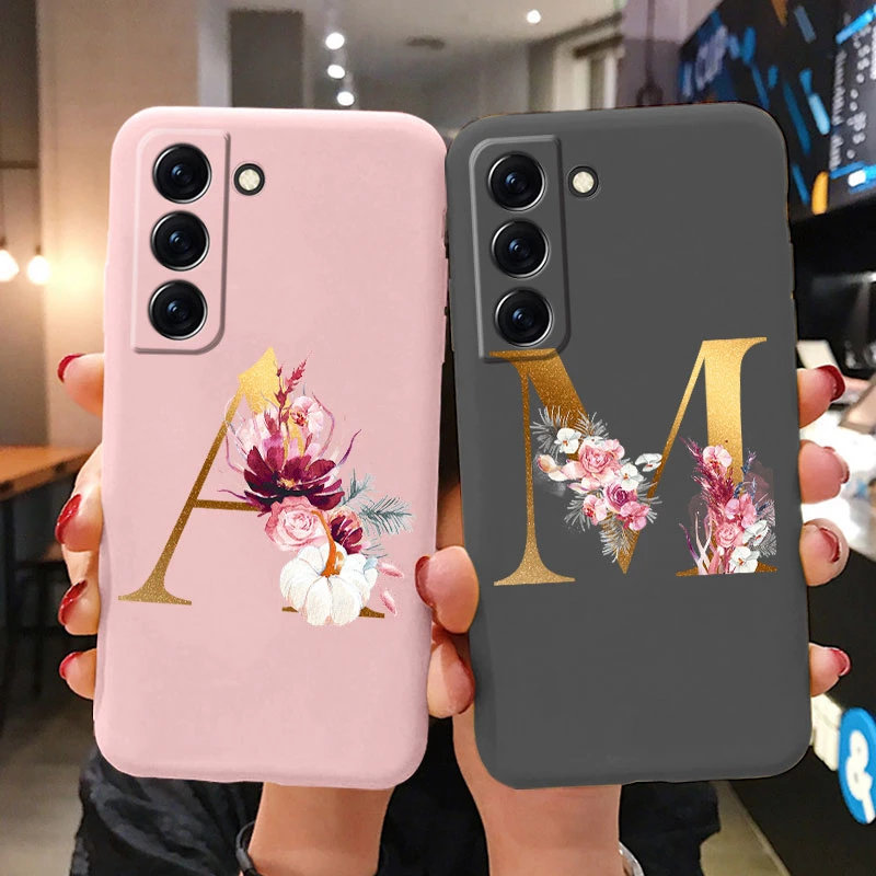 For Samsung Galaxy S22 S 22 Plus Case Flower Gold Letter A Z Soft Silicone Phone Cover For Samsung S22 Ultra Bumper S22+ Shell