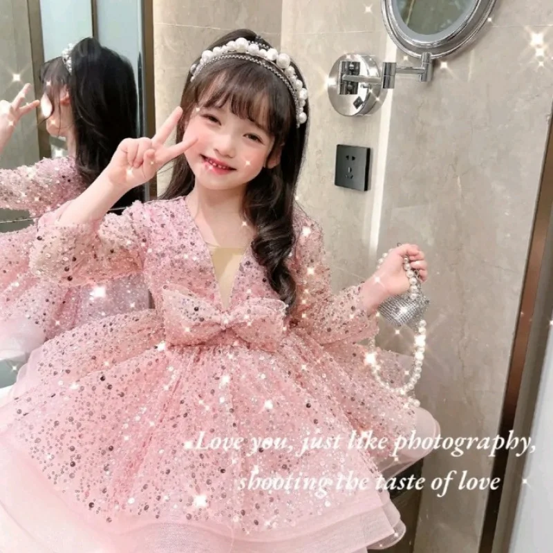 Girls' Dress AliExpress Cross-border Pink Sequin Girls' Puffy Tulle Dress Children's Long Sleeve First Birthday Dress Princess D