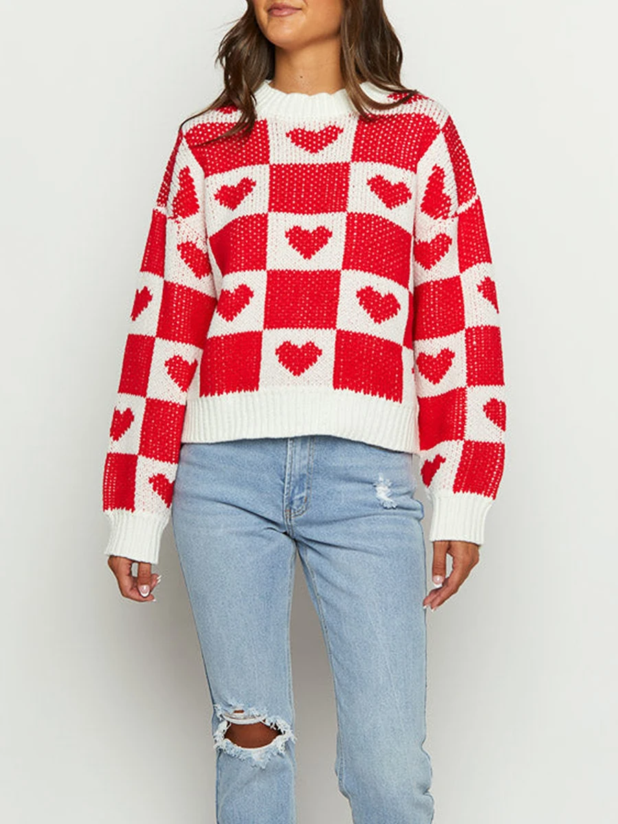 Women s Checker Heart Print Sweaters Long Sleeve Round Neck Loose Pullovers Knit Tops