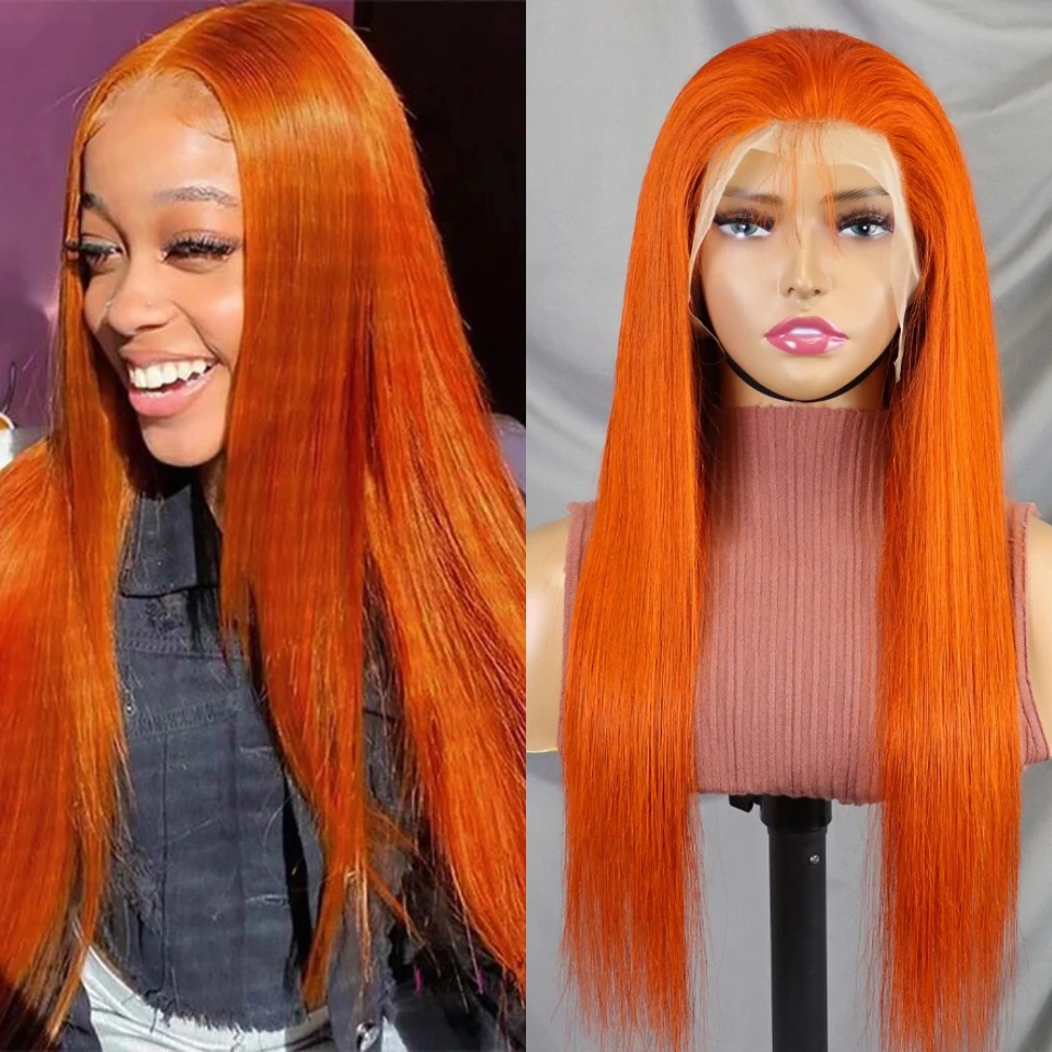 

Ginger Orange Colored Straight 13x4 Transparent Lace Frontal Wigs Human Hair Wig For Women Remy Hair Wigs 200% Density 24Inch