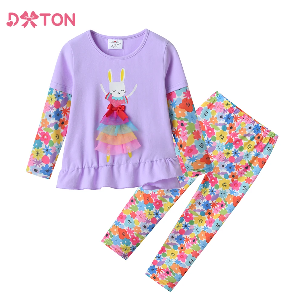 

DXTON Children Pajama Sets Autumn 2PCS Girls Suit Long Sleeve Tops with Trousers Rabbit Floral Casual Kids Clothing Sets 3-12Y