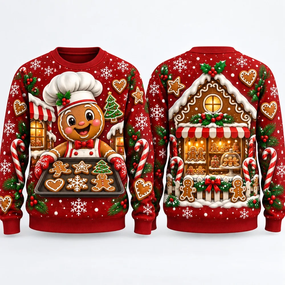 New Gingerbread Bakery Ugly Christmas Sweater for Men Women Festive Holiday Party Crewneck Pullover Long Funny Gift Sweaters