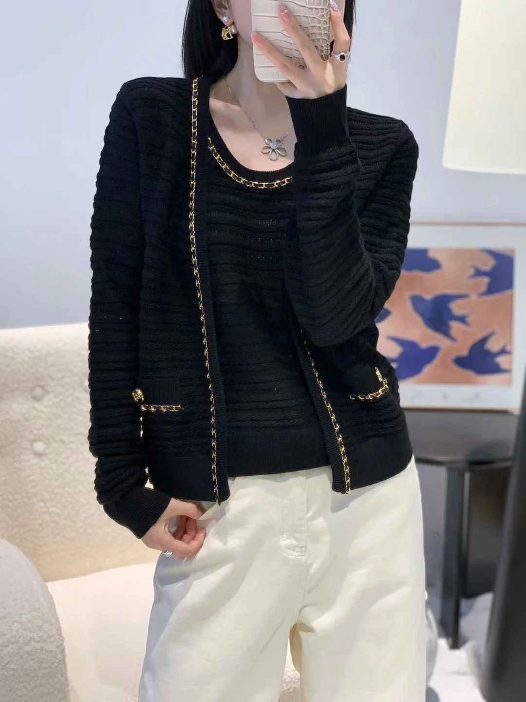 Conjunto de Cardigan de Tricô Sem Mangas Deco com Corrente Rosa Estilo Europeu de Alta Qualidade para Mulheres Faionáveis