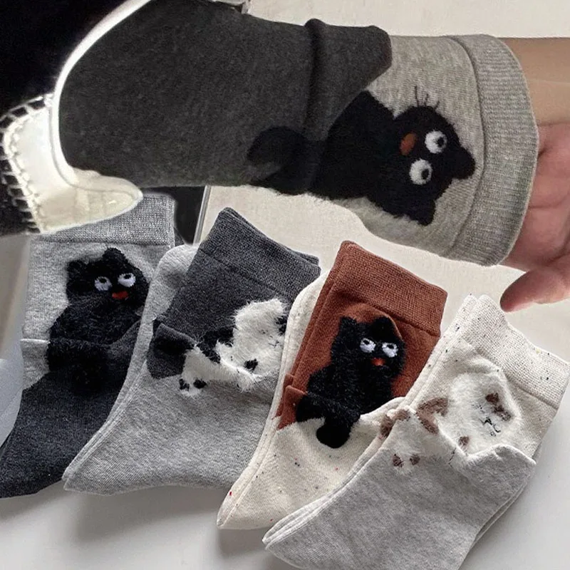 Cartoon Cat-Print Flocking Socks for Women Cute Velvet-flocked Animal Mid-tube Stockings Autumn Winter Warm Flocking Cat Sock