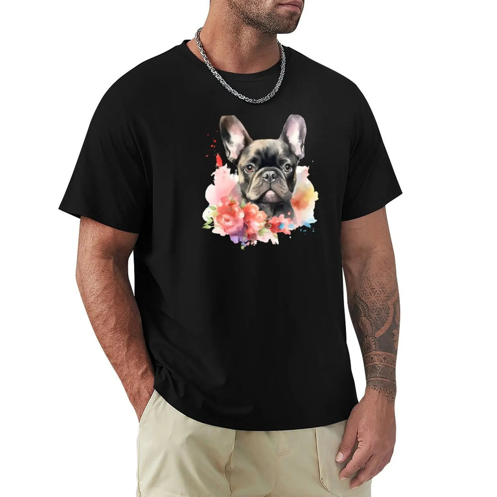 Flower dogs watercolor 3 T-Shirt Daily Work Short Sleeve Top
