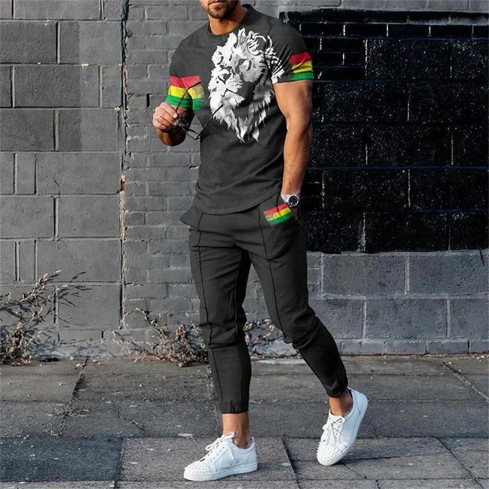 

Men's Trousers Tracksuit 2 Piece Sets Summer Sportswear Tops Tees Short Sleeve T Shirt+Long Sweatpants Oversized Men Clothing