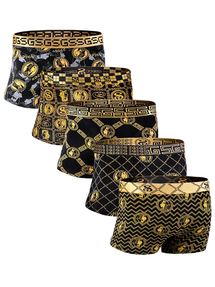 5pcs of luxurious gold chain letter print, pure cotton soft, skin friendly, comfortable and breathable men\'s flat underwear