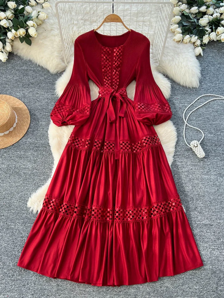 ربيع الخريف الفرنسية الرجعية قصر الدانتيل بريق مطوي فستان للنساء موضة جديدة حفلة كم طويل كبير فستان محكم من عند الصدر ويتدلى بشكل واسع S246 #2