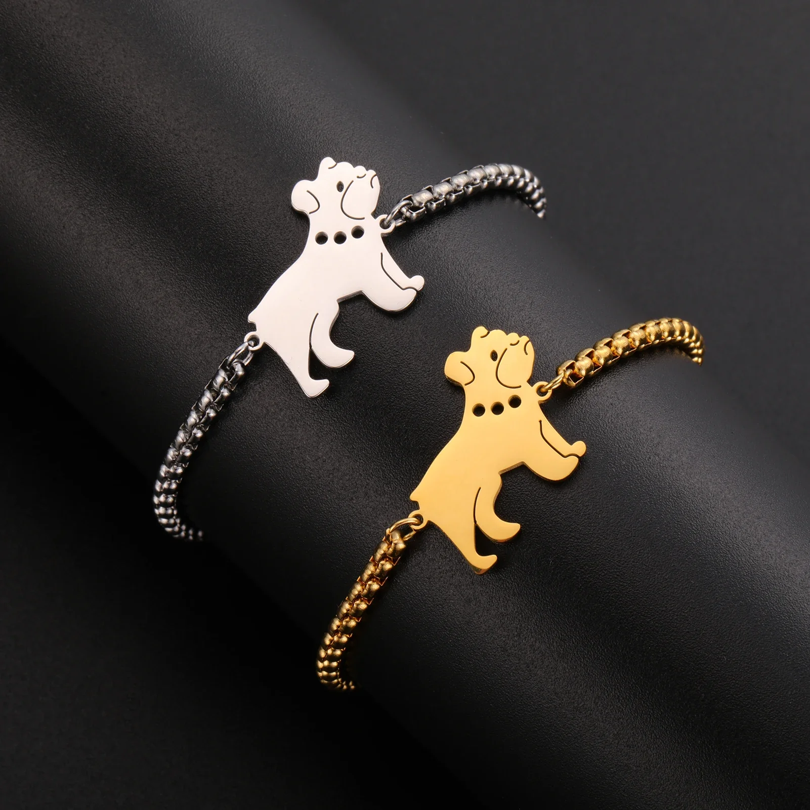 Bulldog Charm Bracelet Stainless Steel Jewelry for Women Kids Fashion Cute Animal Pet Bracelet Birthday Gift Wax Cord Box Chain