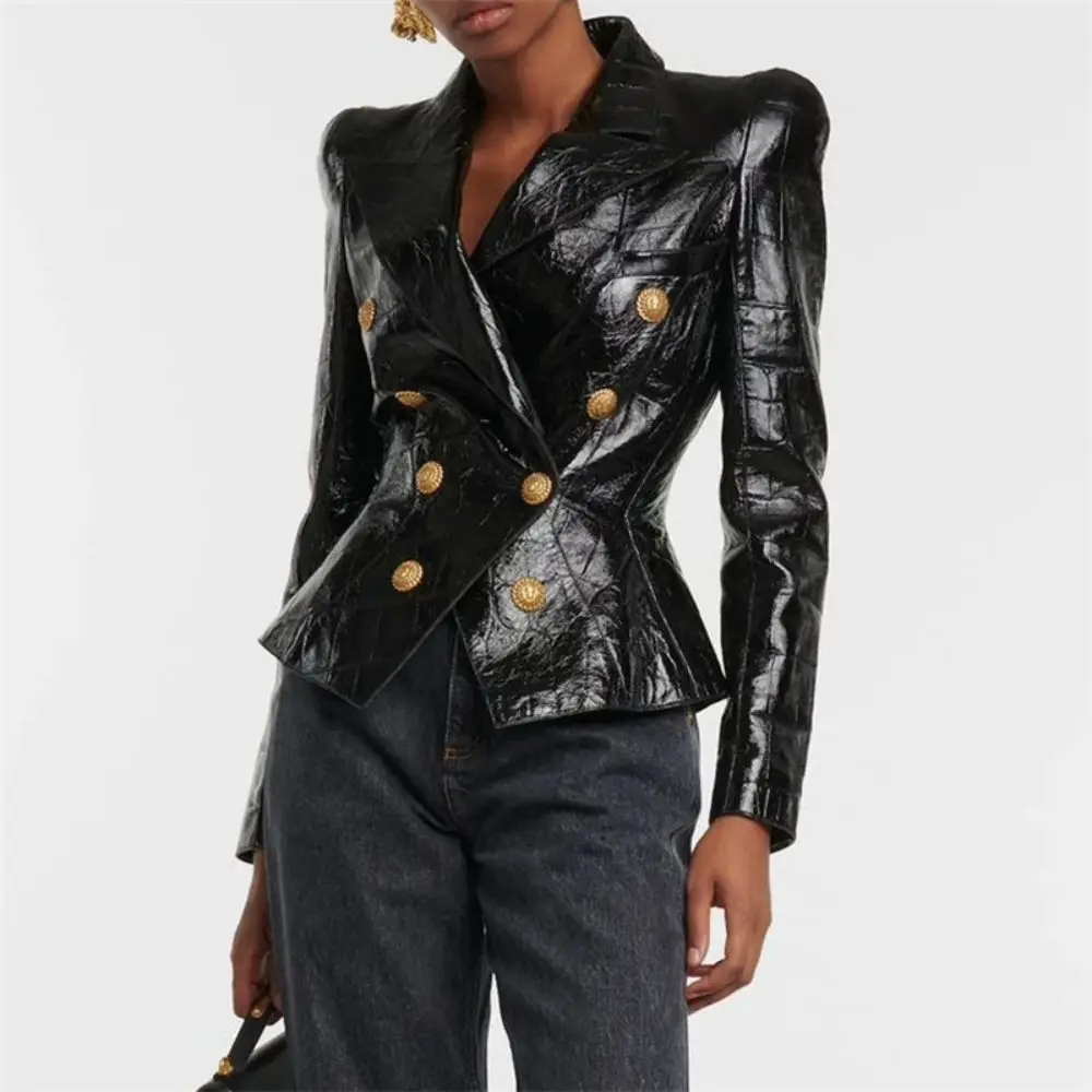 

Fashion Women's PU Glossy Leather Jackets Shoulder Shrug Slim Full Sleeve Double Breasted Blazer Spring 2024