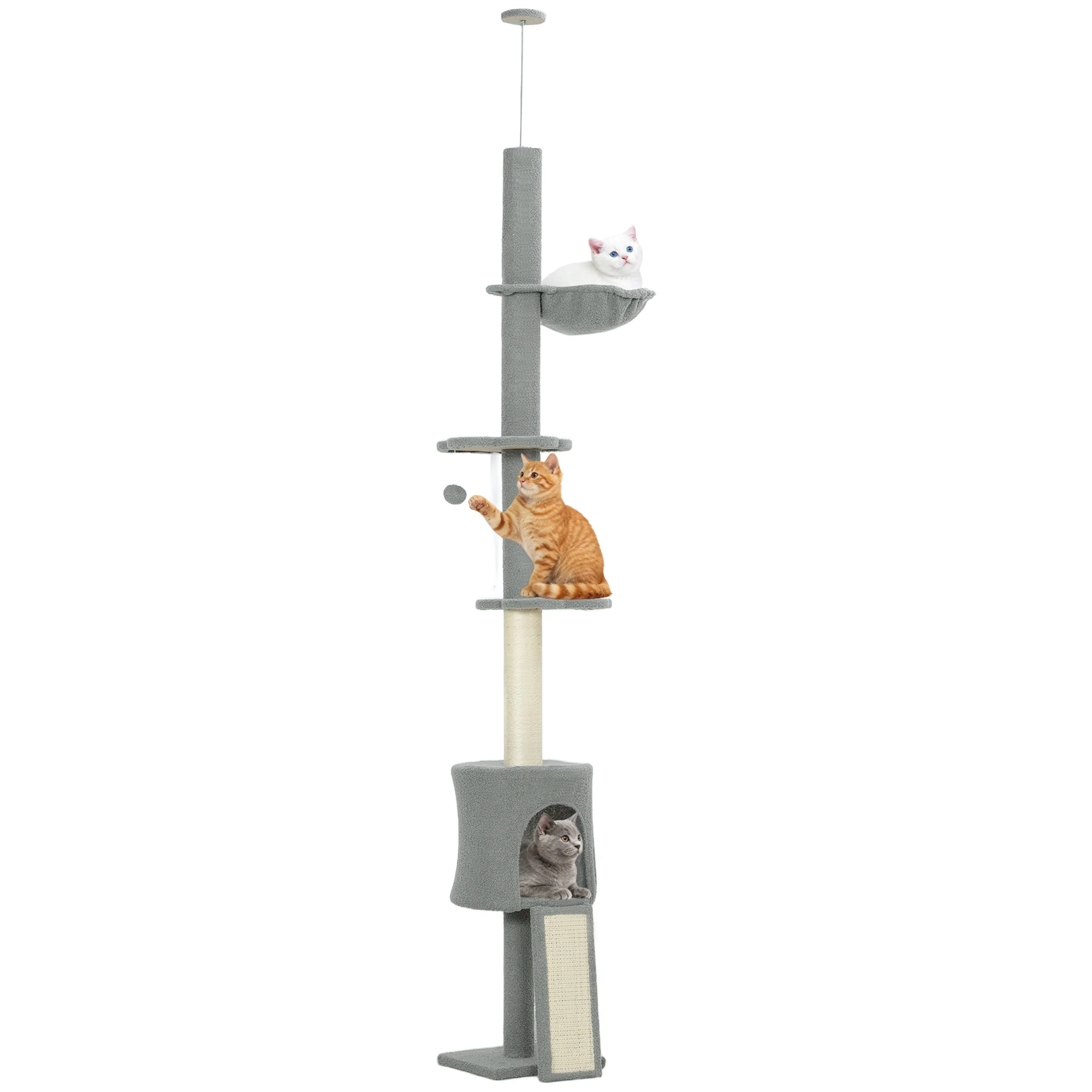 Pawhut kattenboom van vloer tot plafond, in hoogte verstelbaar van 220-240 cm, kattentoren met hangmat, bloemenplatforms, grotten, oprit en bal, lichtgrijs