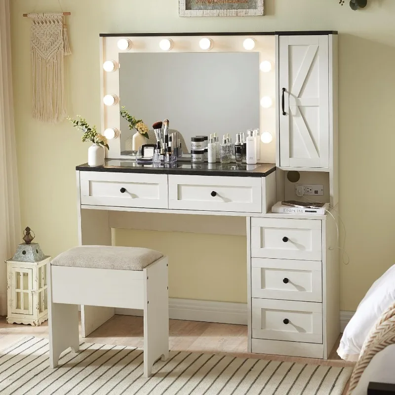 

Farmhouse Vanity Makeup Desk with Charging Station, 43" W Vanity Desk with Lights Mirror and Drawers