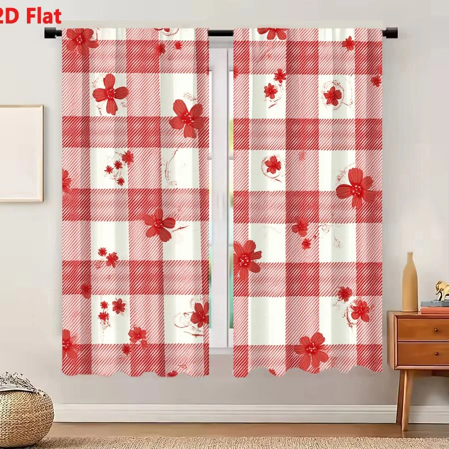 2Pcs Curtains 2D Flat Vintage Red And White Gingham Check With Cherry Blossom Flowers Pattern For Textiles Window Drapes for Bed