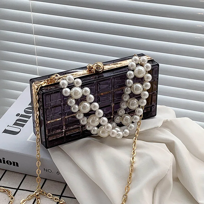 Acrylic Transparent Box Shape Crossbody Bag Elegant Pearl Bead Chain Design Shoulder Bag Pvc Women\'s Designer Small Square Bag