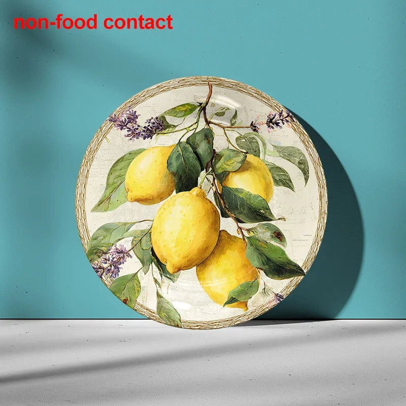 Art Deco Ceramic Lemon & Floral Round Decorative Plate - Non-Food Contact Home Decor Accent with Vibrant Yellow Lemons & Green