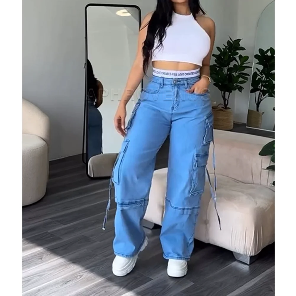 Denim Straight Jeans Wide Leg Women High Waist Loose Pants Y2K Trousers Hip-hop Streetwear Waist Colorblocked Design Loose Jeans