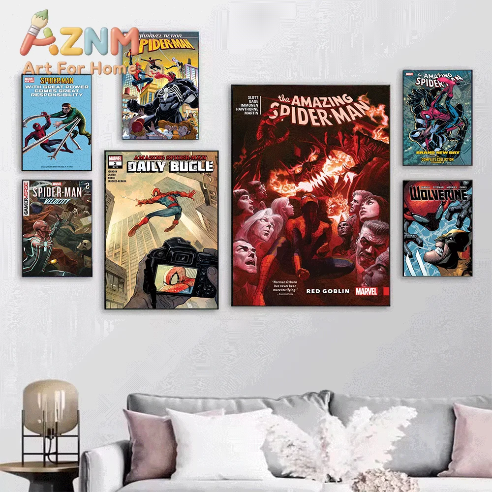Marvel The Amazing Spider‑Man Comic Canvas Print, Superhero Comic Cover Graphic Art Poster, Frameless Canvas Wall Picture for