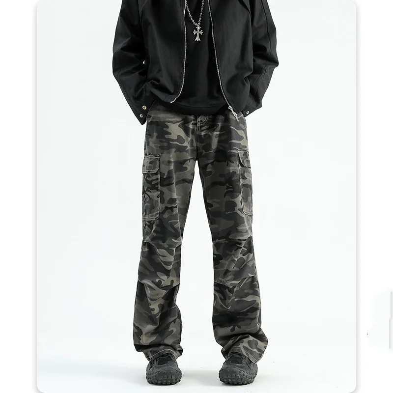 Autumn and Winter New American Camouflage Caution Pants Men's Loose Trendy Brand Design Sense Denim Pants