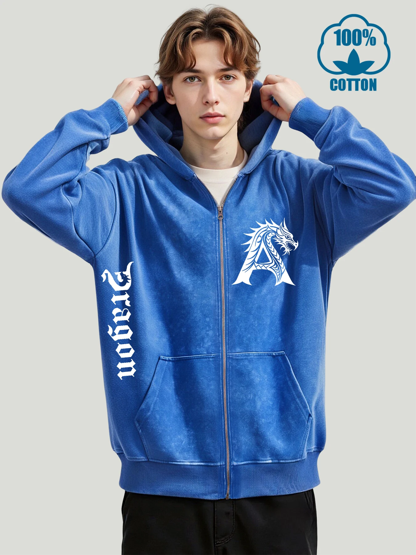 

Мужская потертая толстовка на молнии с загадочным драконом и буквенным принтом, модные повседневные толстовки, уличные хлопковые топы, свободная мужская одежда в стиле ретро