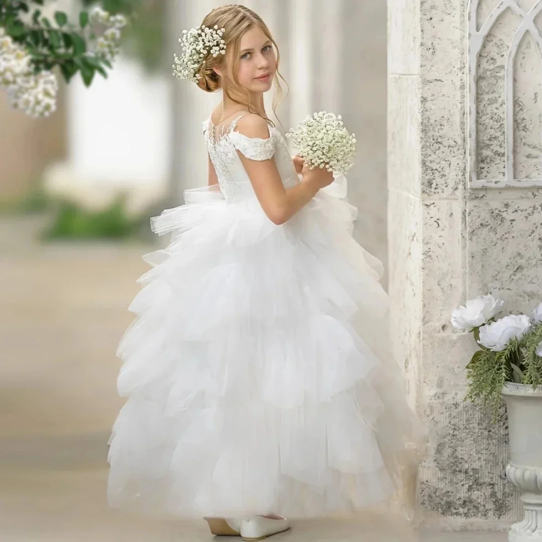 

Elegant White Flowers Girl Dress for Wedding Off Shoulder Tulle Tiered Kids Birthday Party First Communion Ball Gowns Custom