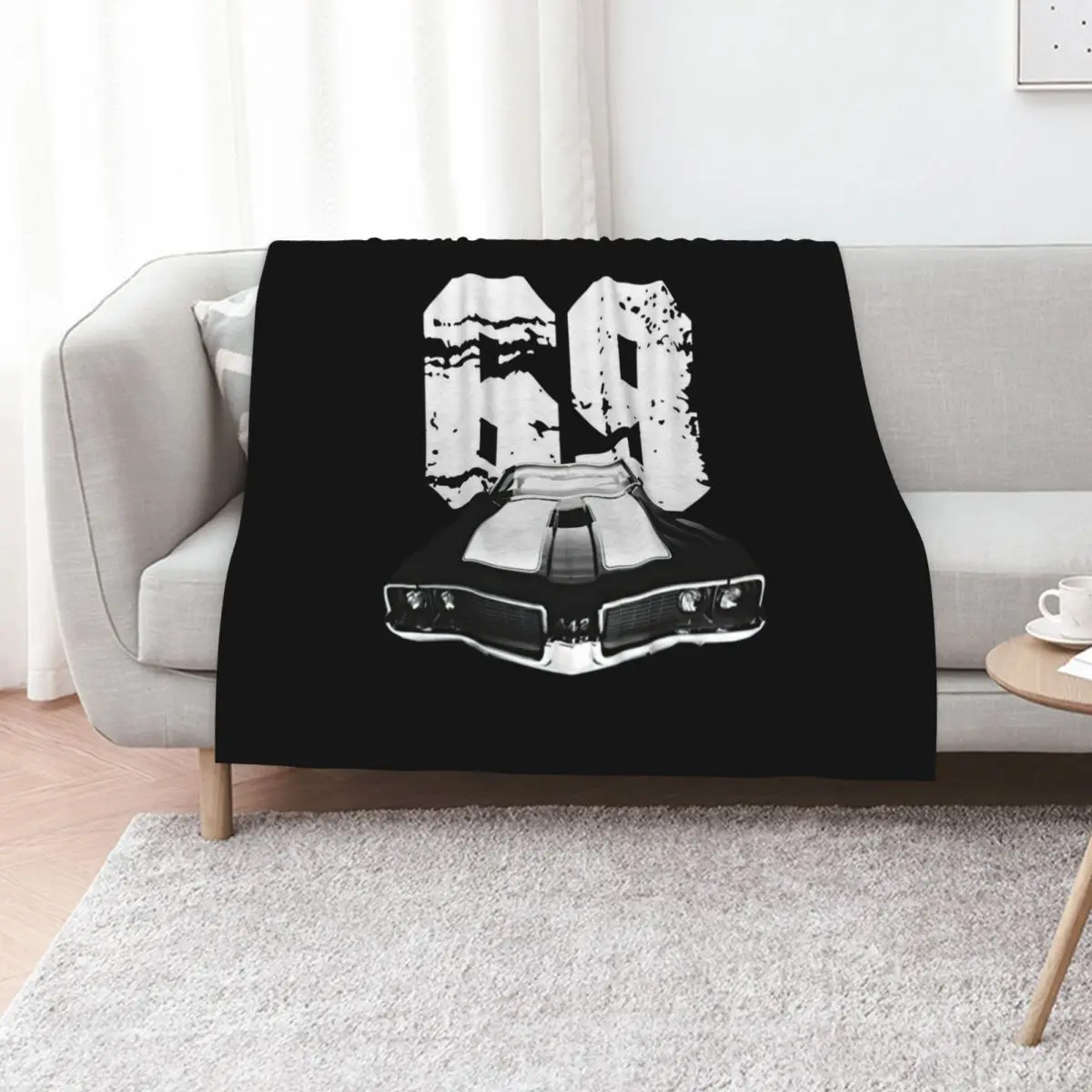 

1969 Oldsmobile 442 Front Grill and Hood View with Year Throw Blanket Giant Sofa Weighted Baby Polar Blankets