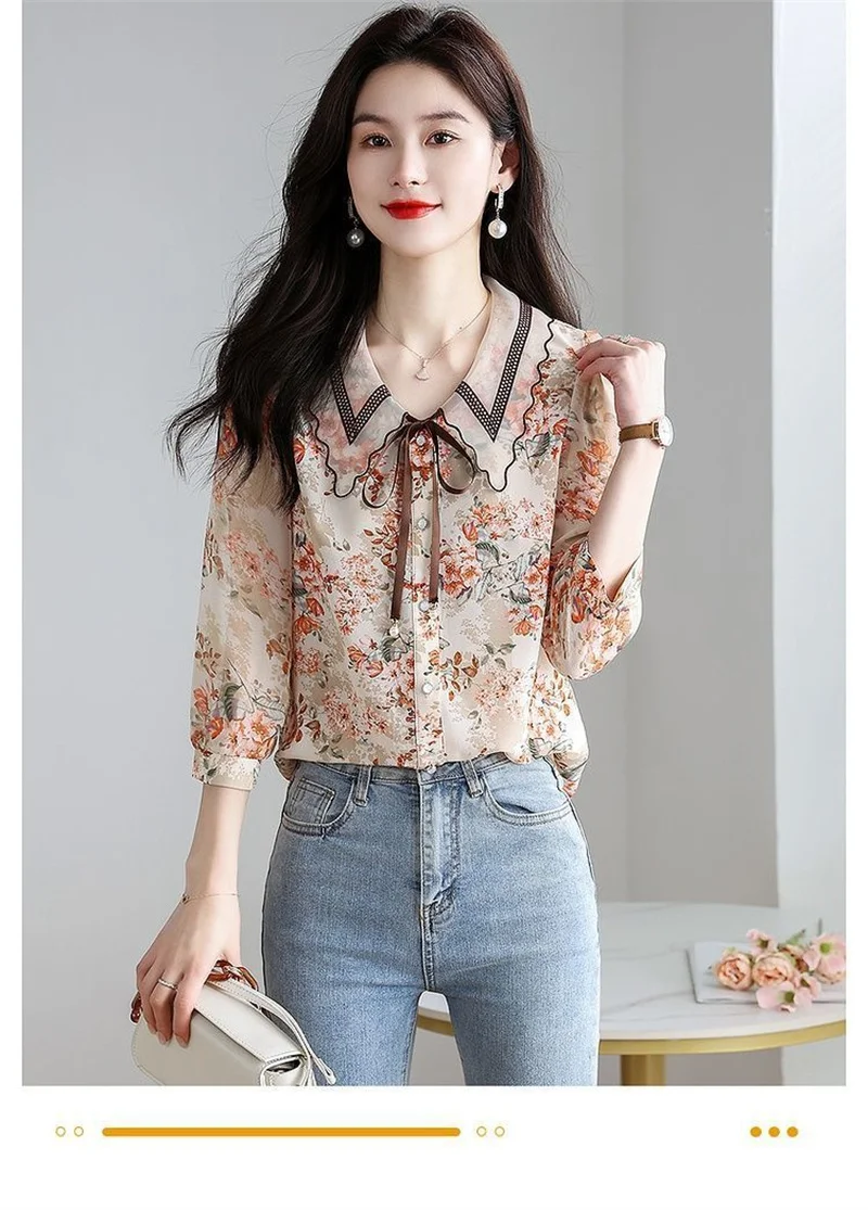 

Floral Chiffon Shirt Women's Spring And Summer 2024 New Foreign Style Age-reducing Chic High-end Small Shirt Seven-point Sleeve
