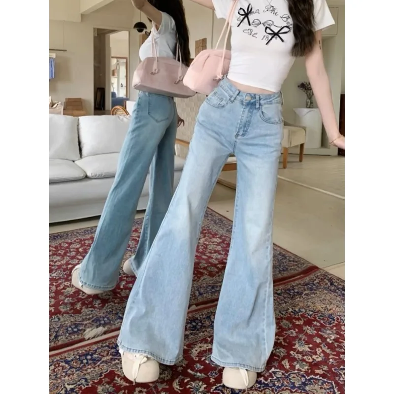 

Womens Highwaisted Jeans Straight Tube Loose Leisure Stretch Denim Flare Pants Buttons Streetwear Autumn Female Floor Length