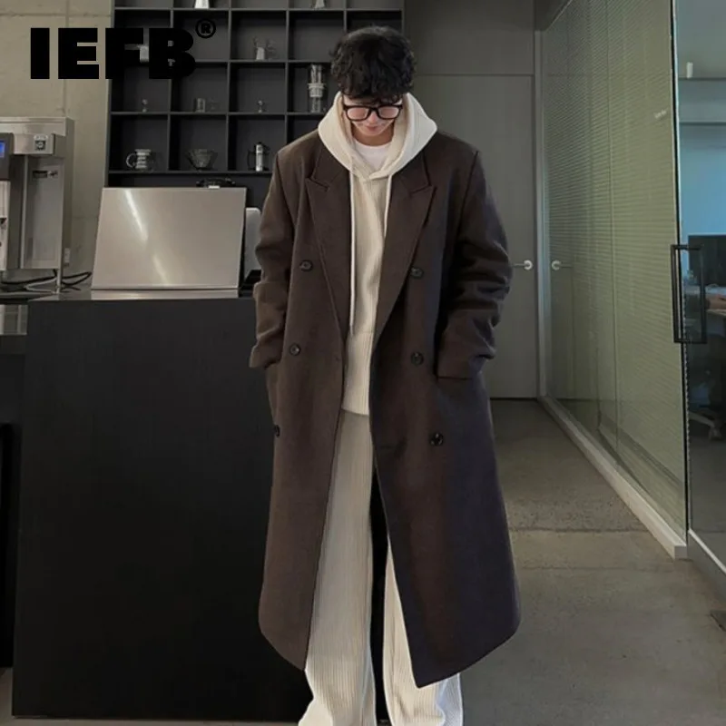 

IEFB Korean Style Men's Woollen Coats Double Breasted New Trendy Male Trench Solid Color Overknee Male Windbreakers 2024 9C7826