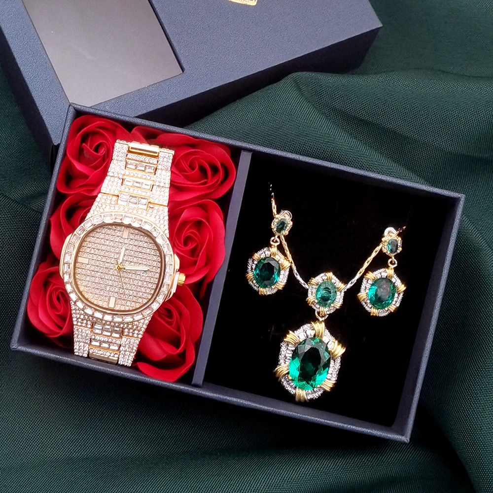 Women Full Diamond Watch Luxury Fashion Quartz Watches Steel Belt Dress Wristwatch Retro Green Gemstone Jewelry Sets With Box