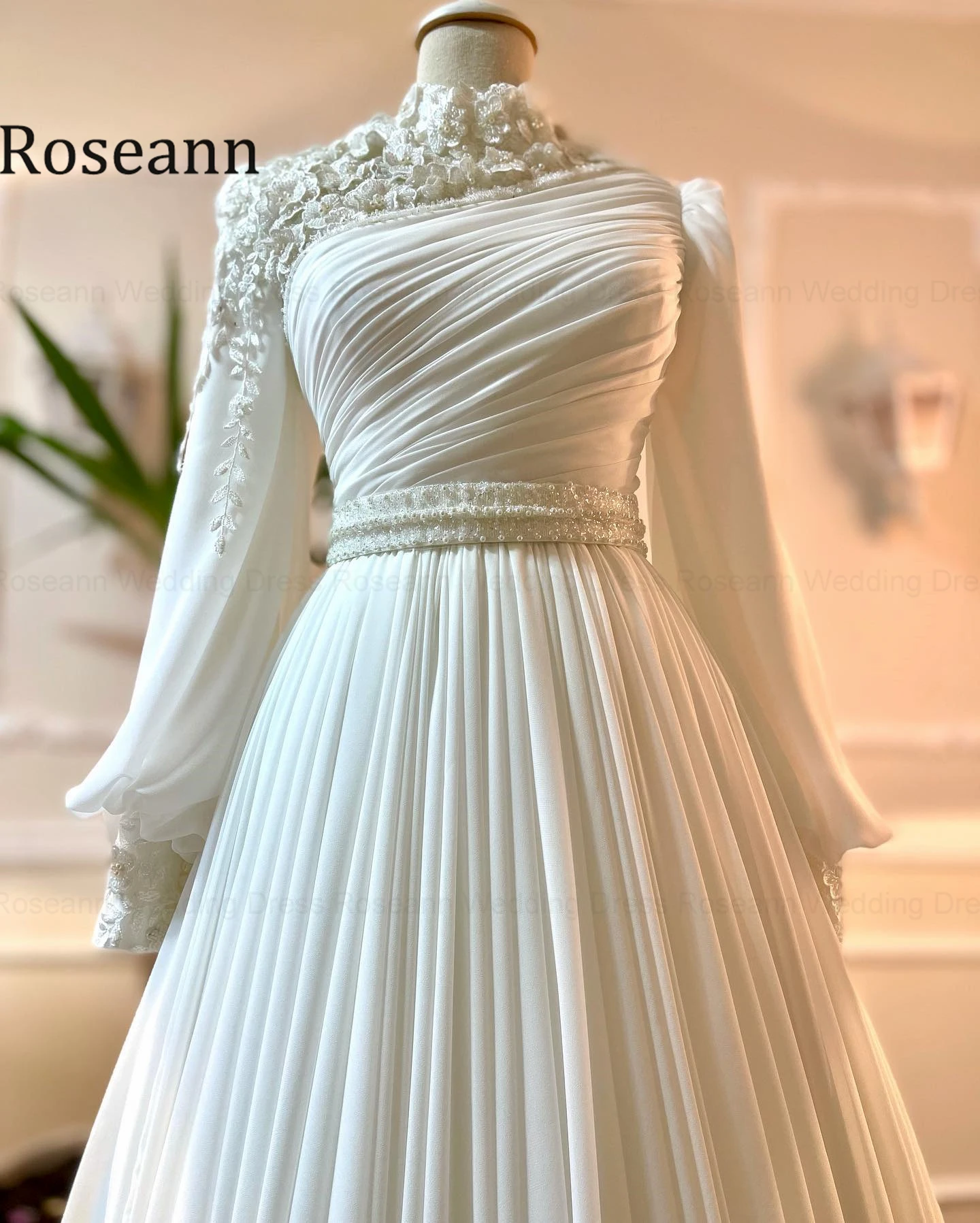 Roseann Wedding Dress Modest High Neck Muslim amanda novias oficial 3D Floral Lace Long Sleeve A Line Bridal Gown Customized New