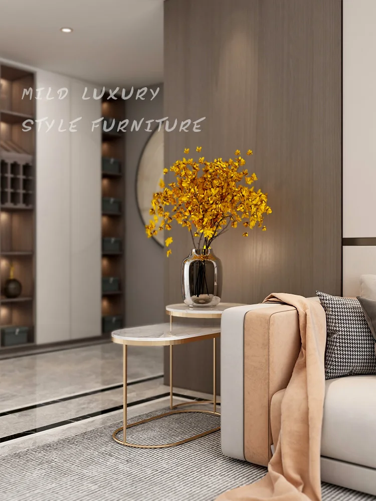 أريكة غرفة المعيشة الإيطالية خزانة جانبية مستديرة طاولة قهوة صغيرة طاولة جانبية بلاطة صخرية قابلة للسحب خفيفة luxu #3