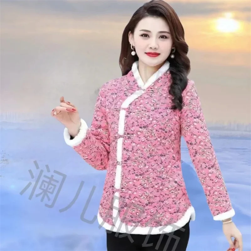 Chaqueta de algodón de plumón de camello para mujer, chaqueta de flores chinas Rojas, vestido de madre, otoño e invierno, 2023