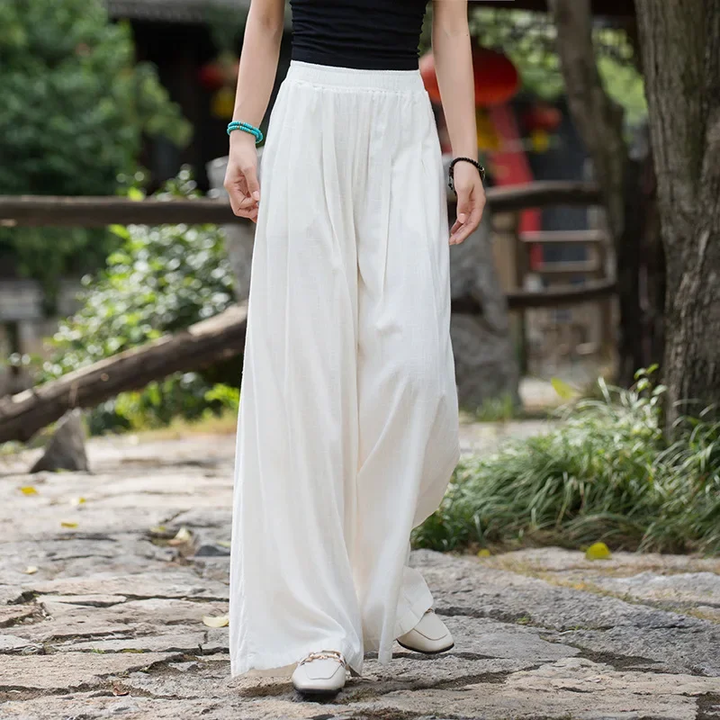 

2024 Spring Summer Cotton Linen Bottoms All-match Long Legs Elegant Retro Culottes Loose Wide-leg Chinese Style Pants for Women