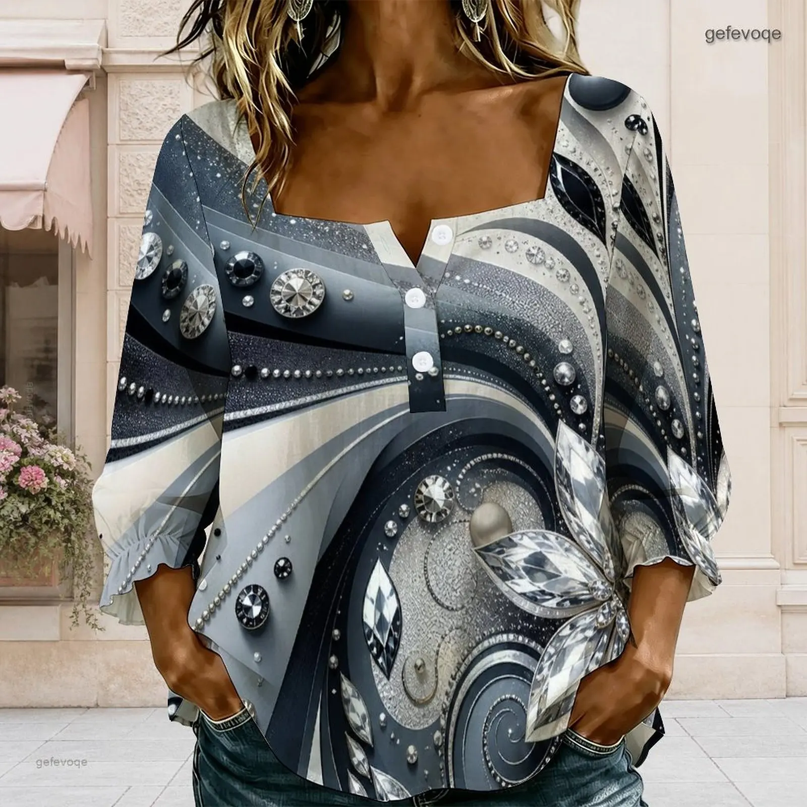 Women Printed Blouse Square Neck Button Detail Long Sleeve Ruffle Cuffs