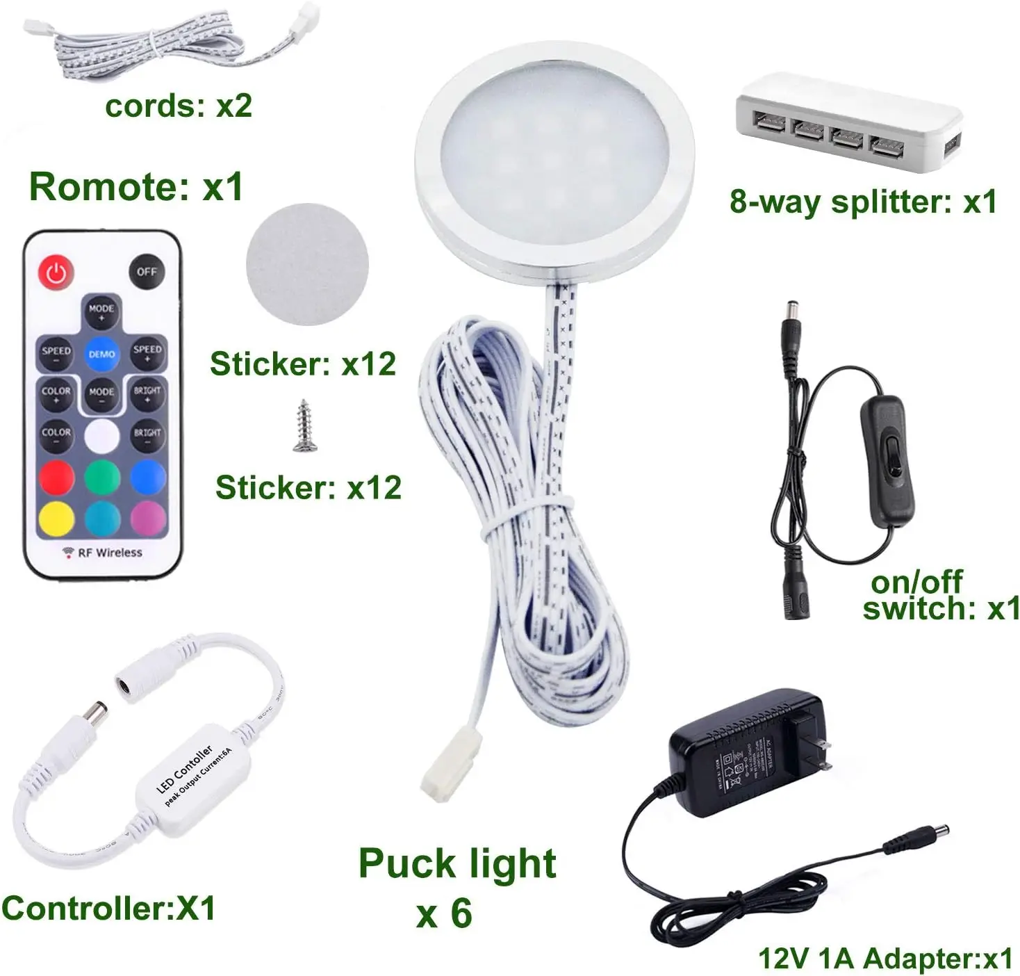 RGB LED 언더 캐비닛 조명 키트, 주방, 옷장, 가구용 슬림 알루미늄 퍽 램프(6팩)