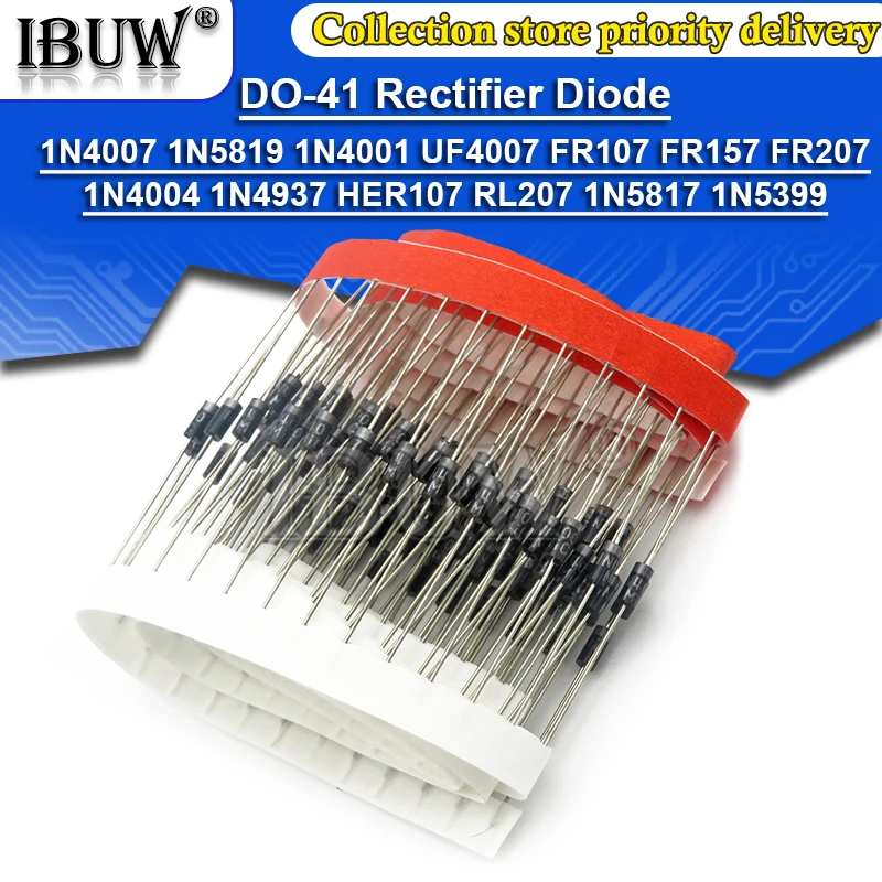 100PCS 1N4007 1N5819 1N4001 UF4007 FR107 FR157 FR207 1N4004 1N4937 HER107 RL207 1N5817 1N5399 DO-41 Rectifier Diode 1N60