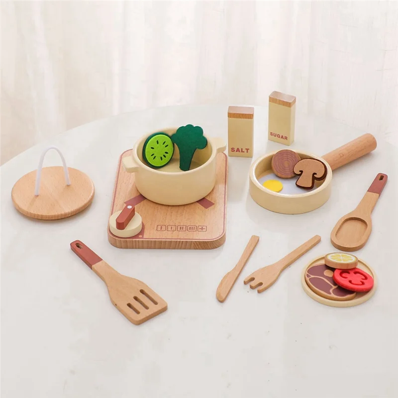 مجموعة مطبخ بيت اللعب للأطفال من Yd-Montessori، نموذج وعاء الخضروات الخشبي، مجموعة الطبخ الخشبية
