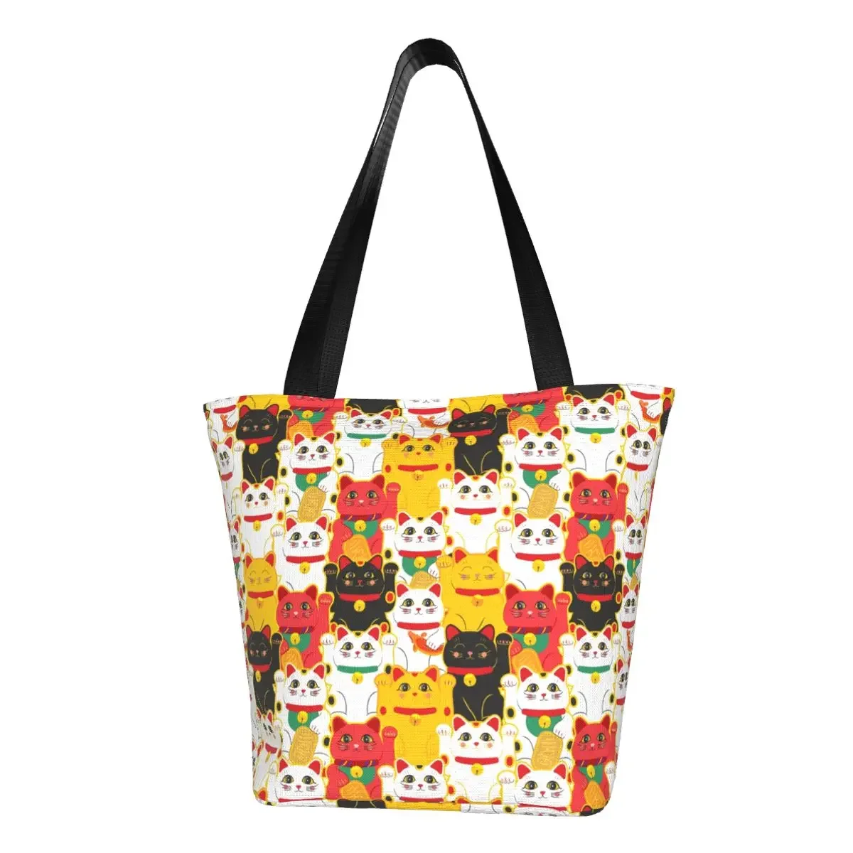 Reusable Maneki Neko Waving Shopping Bag Women Shoulder Canvas Tote Bag Portable Lucky Cat Japanese Charms Grocery Shopper Bags