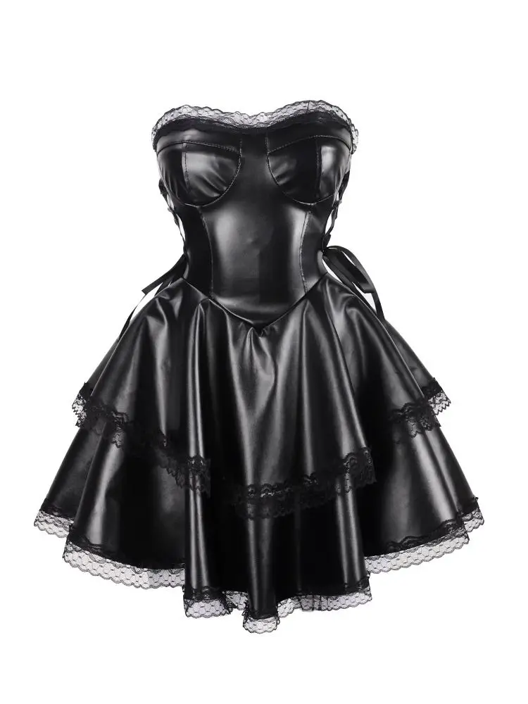 Nuevo Mini vestido de verano a la moda para chica, vestidos mullidos sexis con cintura hueca de cuero Pu negro, vestido informal Harajuku para mujer