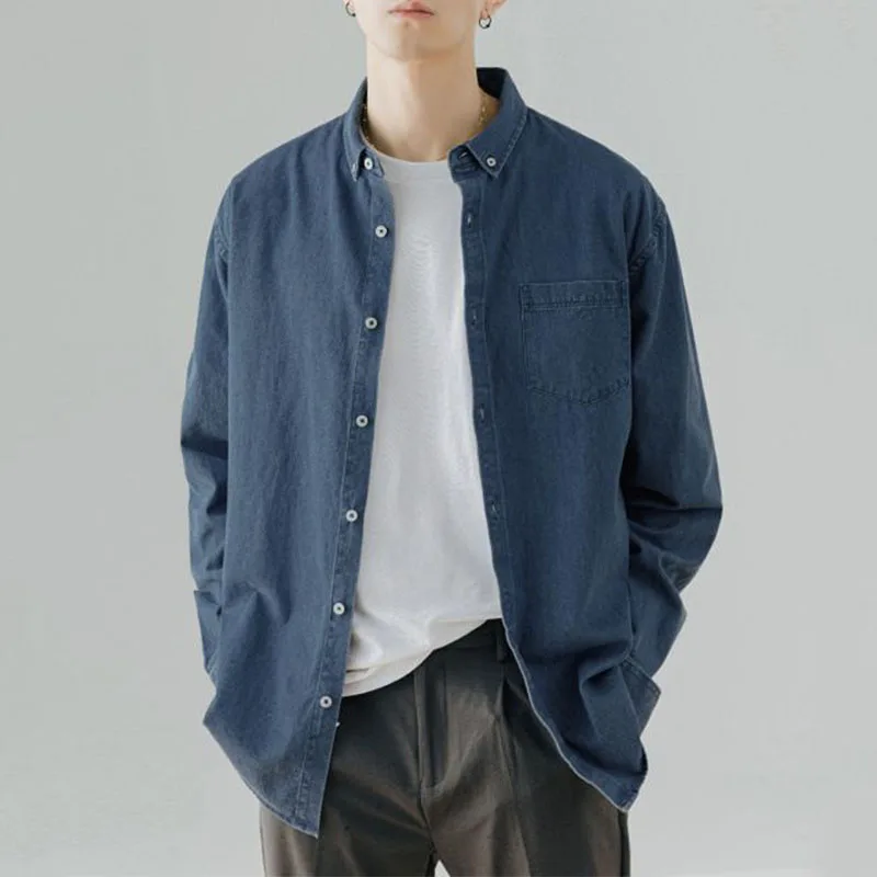 

Basic Denim Shirt Coats Long Sleeve Men Youth Spring Koreon Casual Solid Safari Style Pocket Lapel High Street All-match Jackets