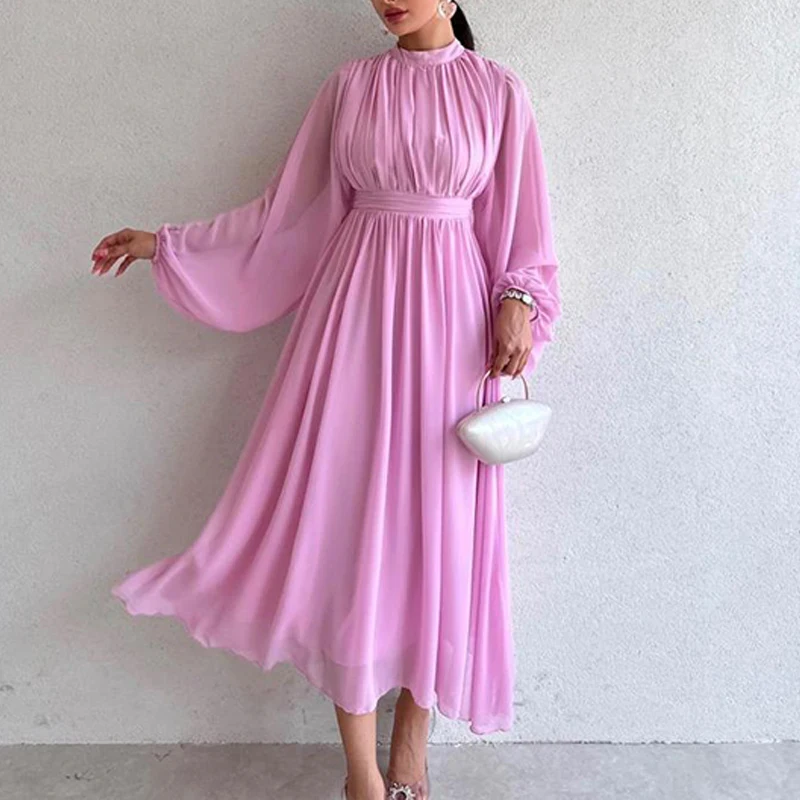 Autumn Women\'s Long Sleeve Solid Color Office Dress Fashion Lady O Neck Casual Maxi Dress 2024 Spring Female Party Chiffon Dress