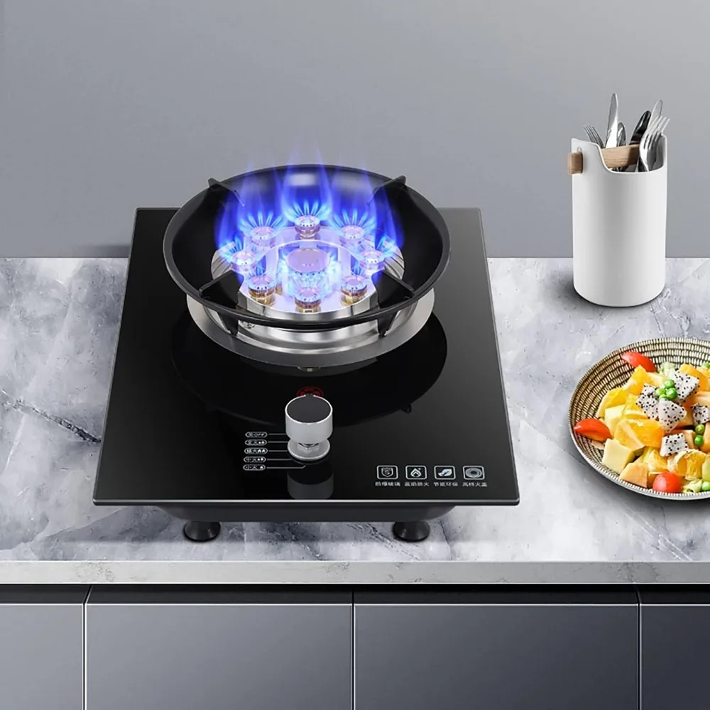 バーナーガスコンロ ガスホブ ブラック強化ガラス 9チャンバーバーナー 中華鍋用クックトップ、ビルトインマウント、天然ガス/プロパンガス用、Cas