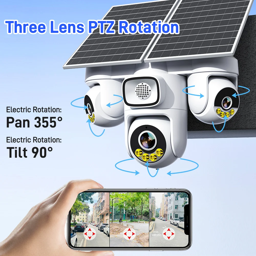 4G Solar Security Camera 20MP 3-Screen PTZ Outdoor Cam with 12X Optical Zoom 360° Control 14400mAh Battery 16W Solar Panel