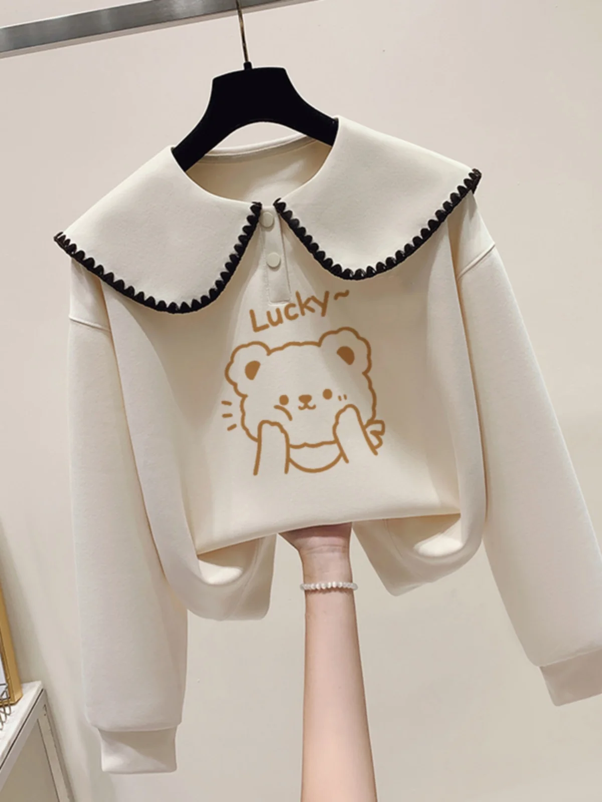 

Модный свитшот с принтом милого медведя и воротником для девочек-подростков, весна-осень, в нежном стиле, с длинным рукавом