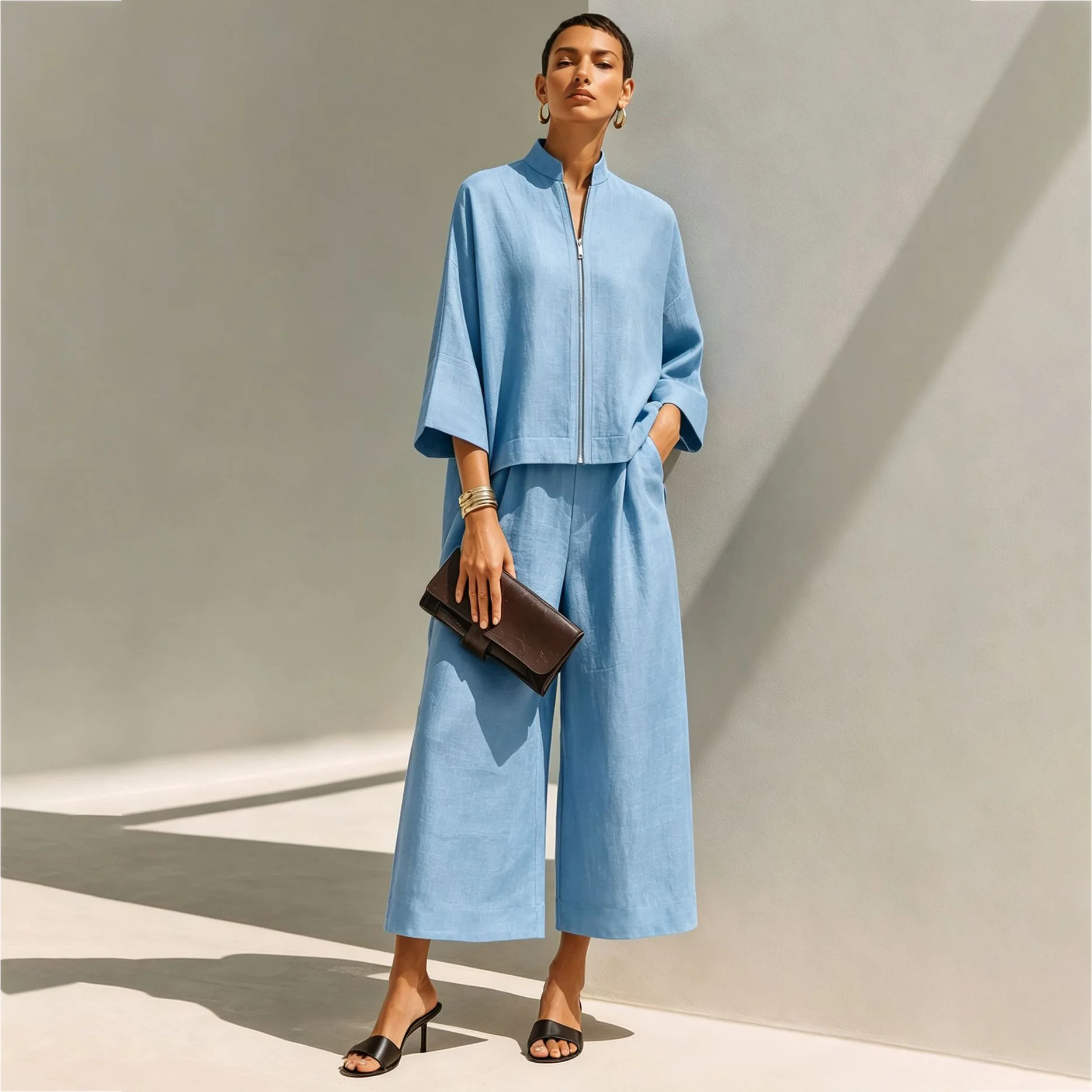 New Women Fashion Spring Autumn Linen Two Piece Set Stand Collar Zip 3/4 Sleeve Top Wide Leg Pants Casual Solid Matching Outfit view 5