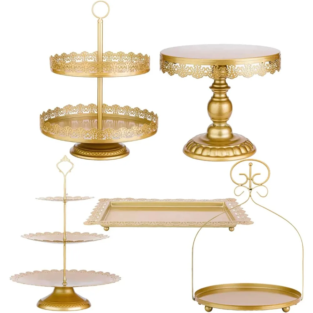 

Gold 5Pcs Cake Stands Set, Metal Round Cupcake Holder Cookies Dessert Display Plate Serving Tower Tray Platter with Handl
